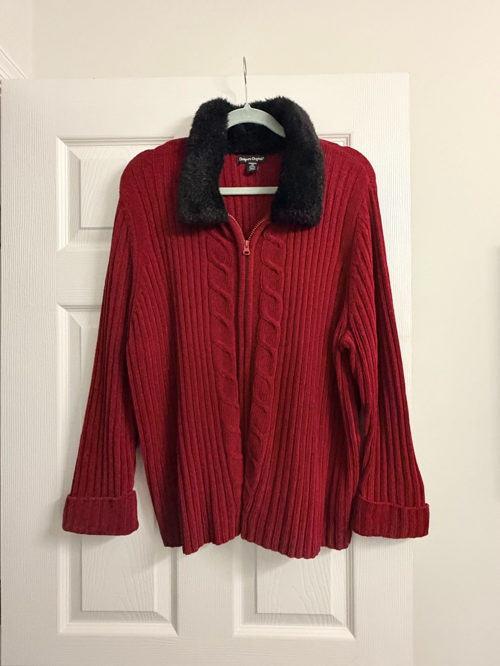 Sag Harbor Red Ribbed Cable-Zip Sweater with Faux Fur Collar